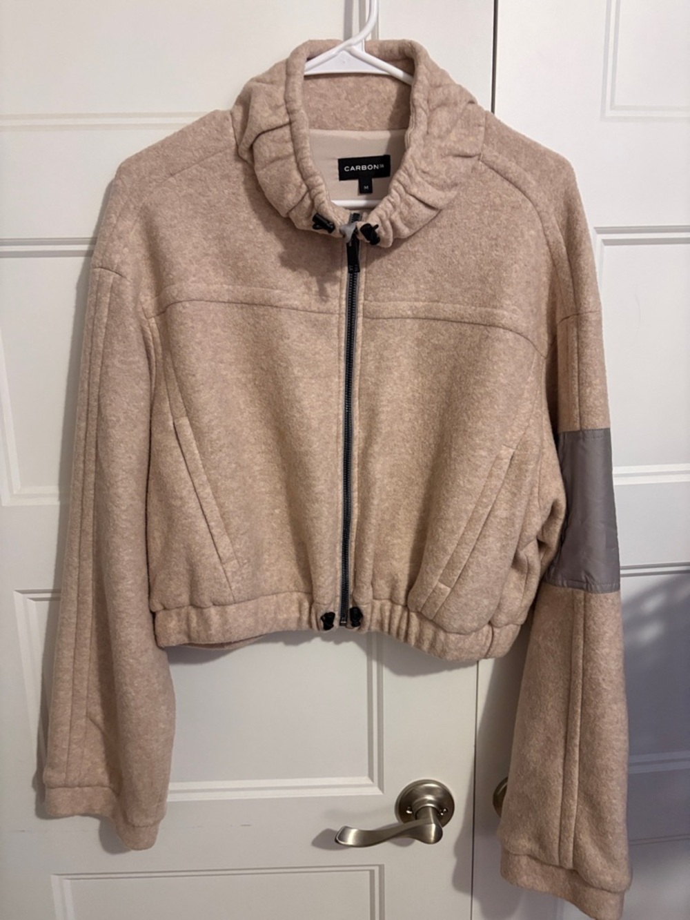 NWOT Carbon Cropped Beige Drawstring Funnel Bag Collar Jacket